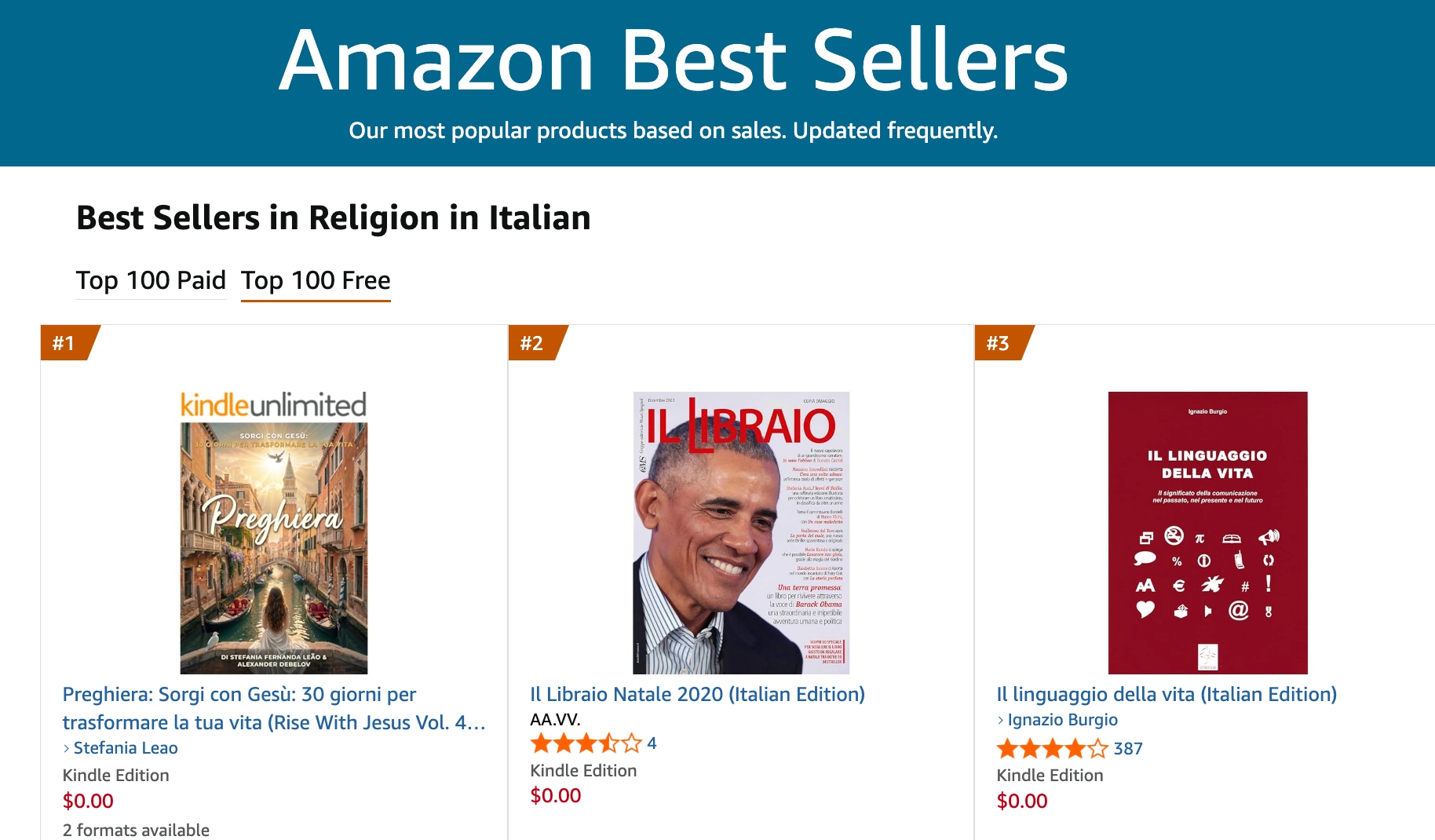 Amazon Best Sellers in Religion in Italian showing Preghiera at #1