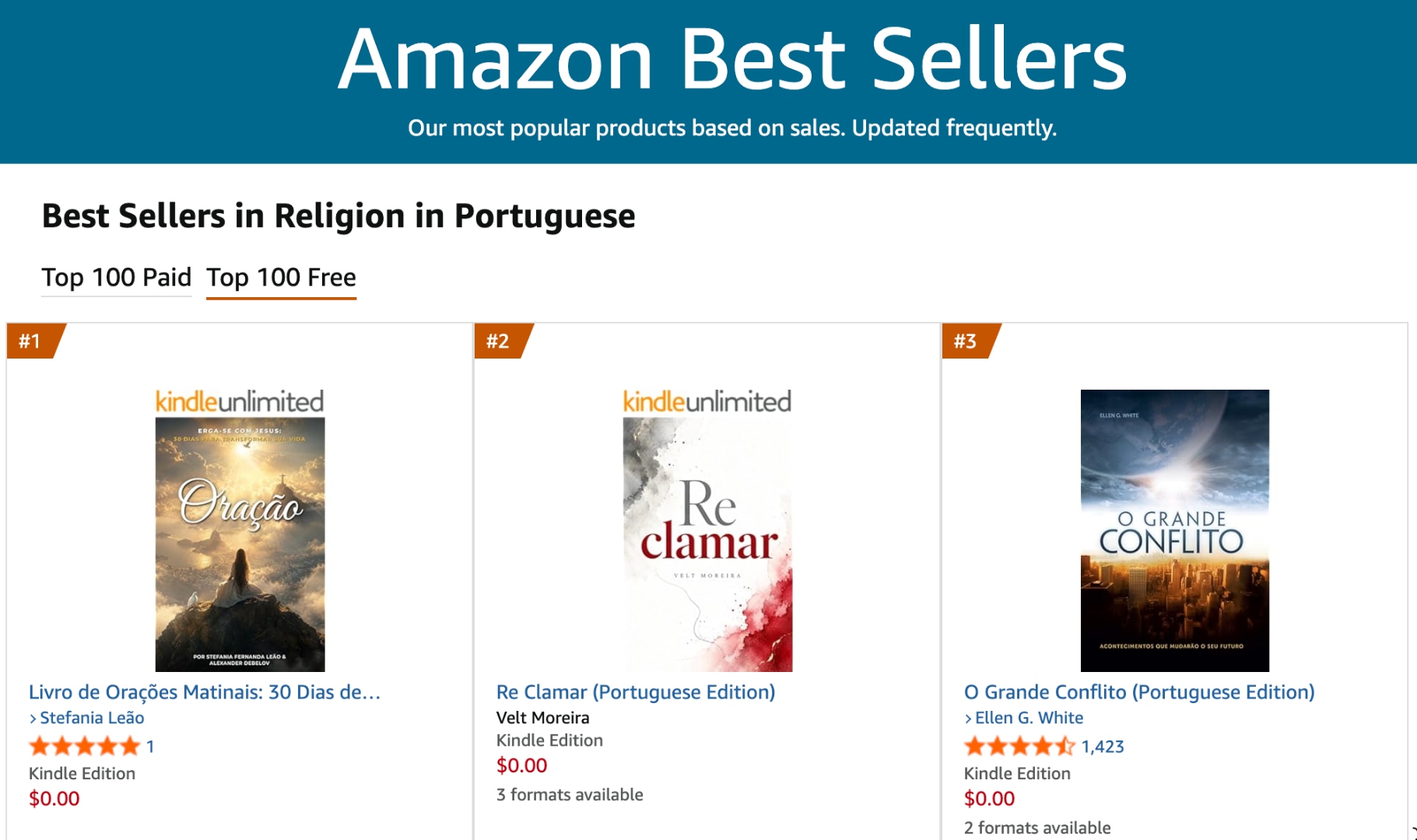 Amazon Best Sellers in Religion in Portuguese showing Livro de Orações Matinais at #1