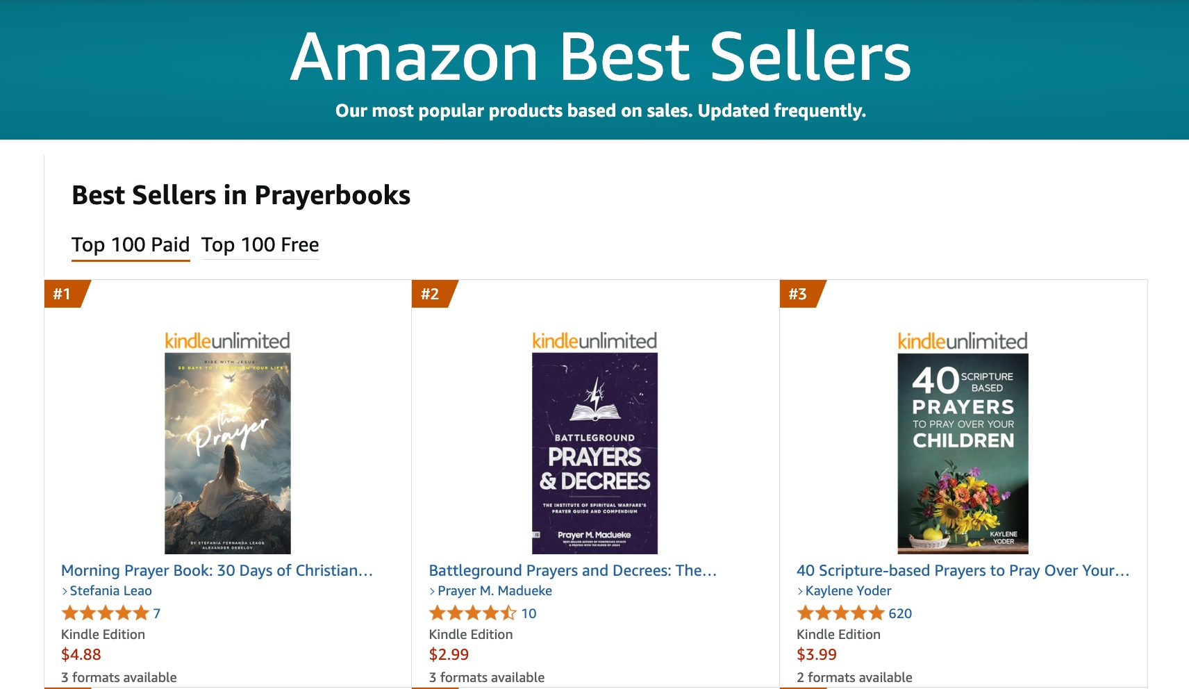 Amazon Best Sellers in Prayerbooks listing showing The Prayer at #2 (Morning Prayer Book) and Oração at #3