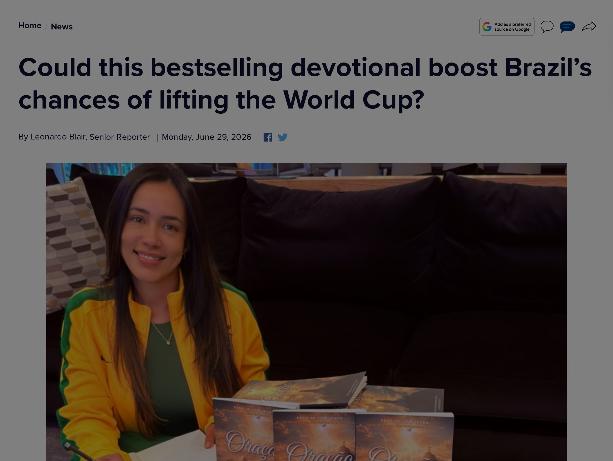 The Christian Post article headlined &lsquo;Could this bestselling devotional boost Brazil&rsquo;s chances of lifting the World Cup?&rsquo; with a photo of Stefania Le&atilde;o beside copies of Ora&ccedil;&atilde;o